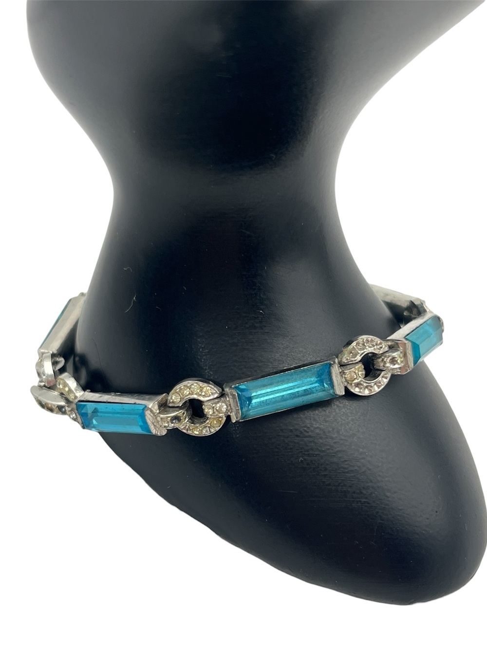 Art Deco blue & clear rhinestone silver tone vintage bracelet